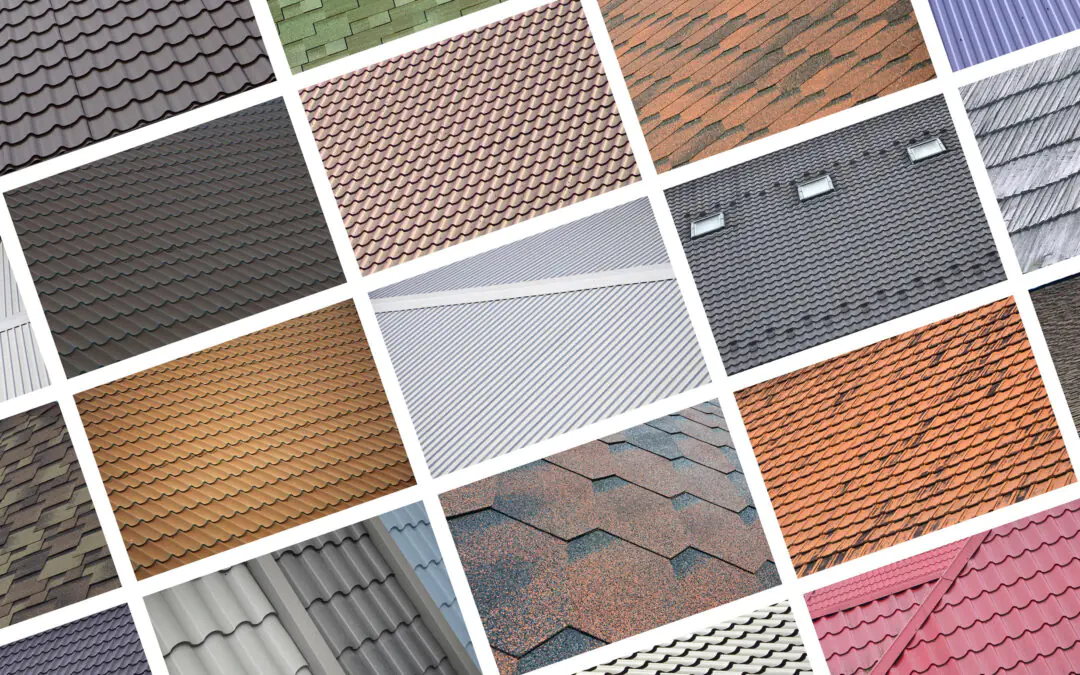 A collage showing various roof types and patterns, highlighting how to choose roofing materials like metal, tile, shingle, and corrugated options in different colors and textures.
