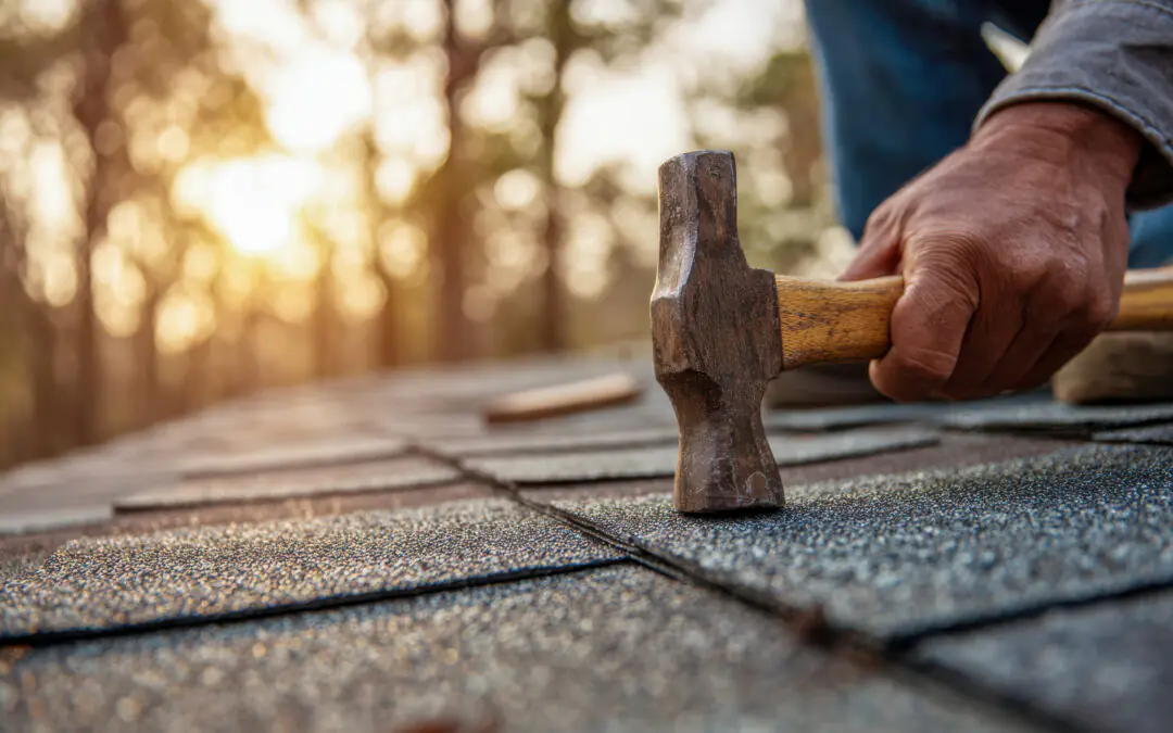Close-up of a person’s hand using a hammer to nail shingles during roof repair, with trees and sunlight in the background.