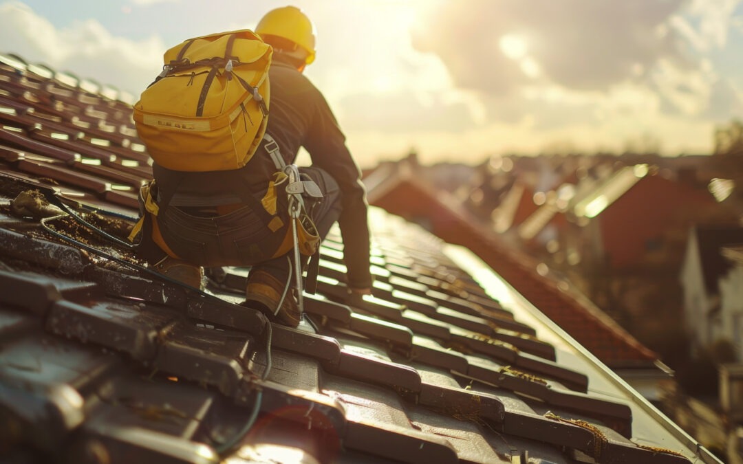 A worker wearing a yellow helmet and backpack is installing or inspecting roof tiles on a sloped roof under sunlight, with houses visible in the background.