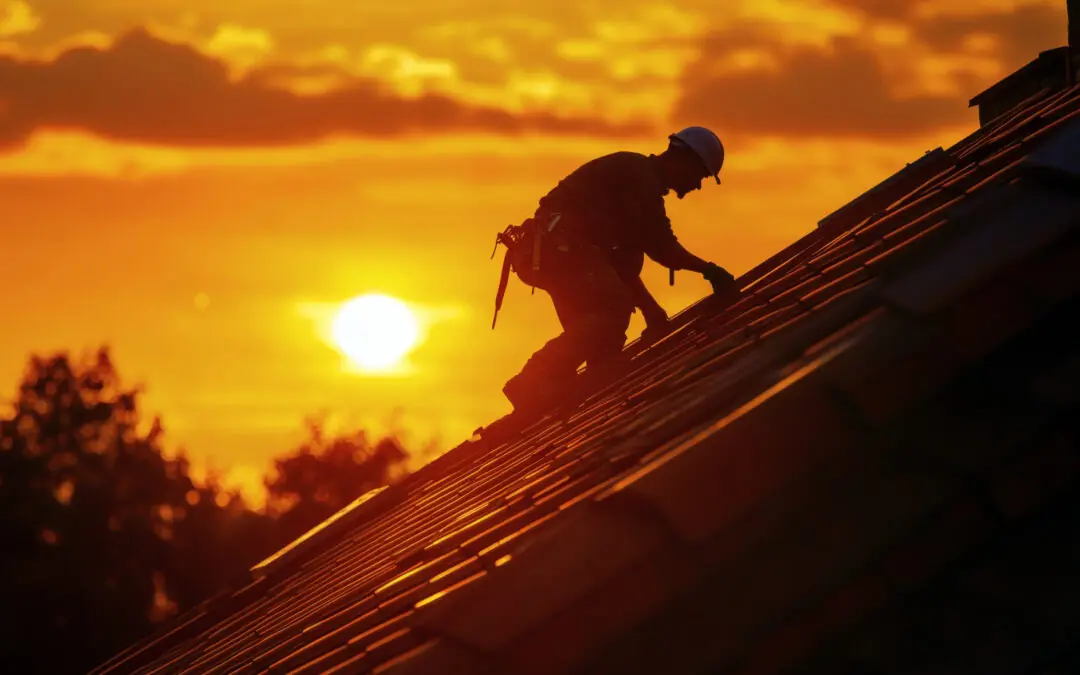 A construction worker wearing safety gear installs roofing tiles on a sloped roof at sunset, with an orange sky in the background.