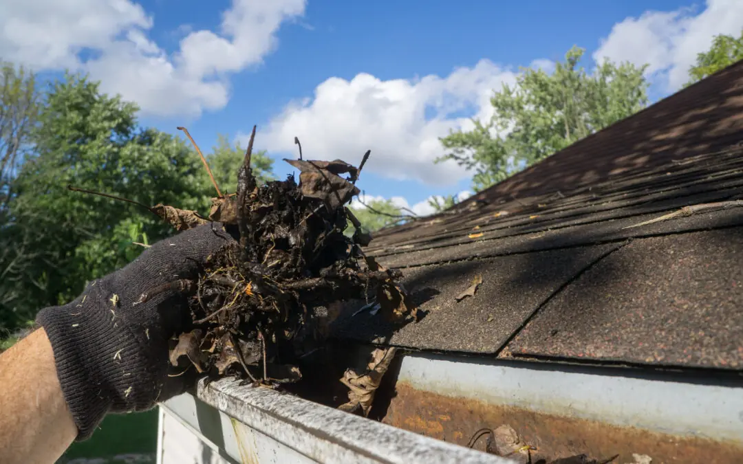 A gloved hand removes leaves and debris from a house gutter under a clear blue sky, highlighting the importance of roofing maintenance for Central Illinois homeowners to extend roof lifespan.