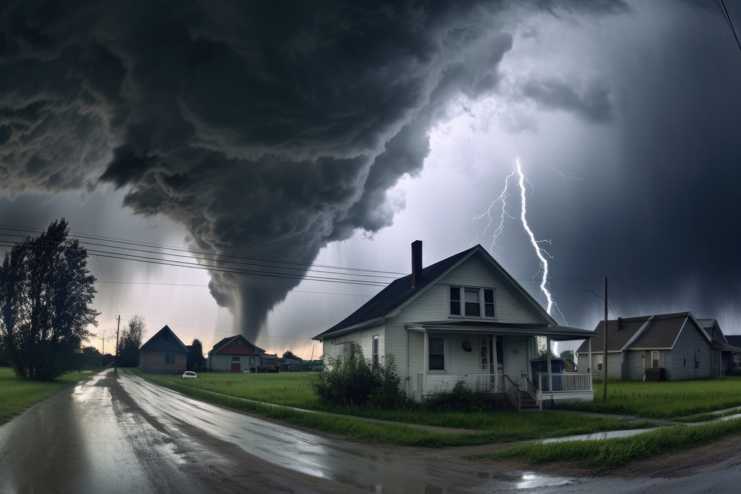 A large tornado approaches a residential neighborhood under dark storm clouds, with a bolt of lightning striking nearby and wet roads reflecting the turbulent sky.