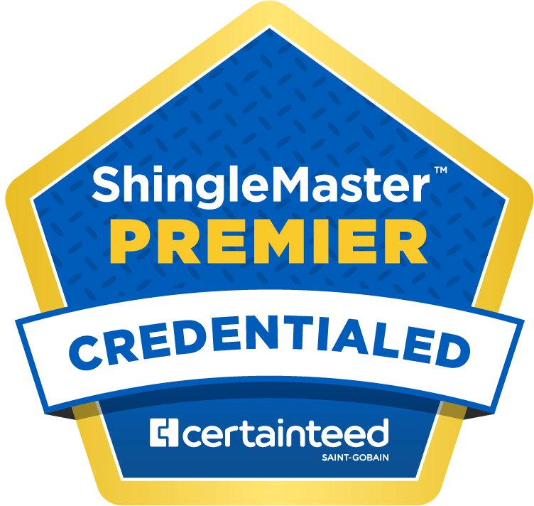 Blue and gold badge displaying "ShingleMaster Premier Credentialed" and the CertainTeed logo at the bottom.