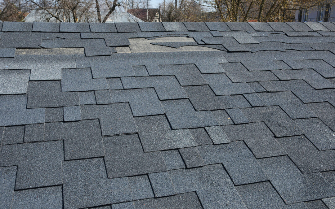 Close-up of a gray asphalt shingle roof showing visible wear and a few shingles missing or damaged, highlighting the importance of regular roof inspections.