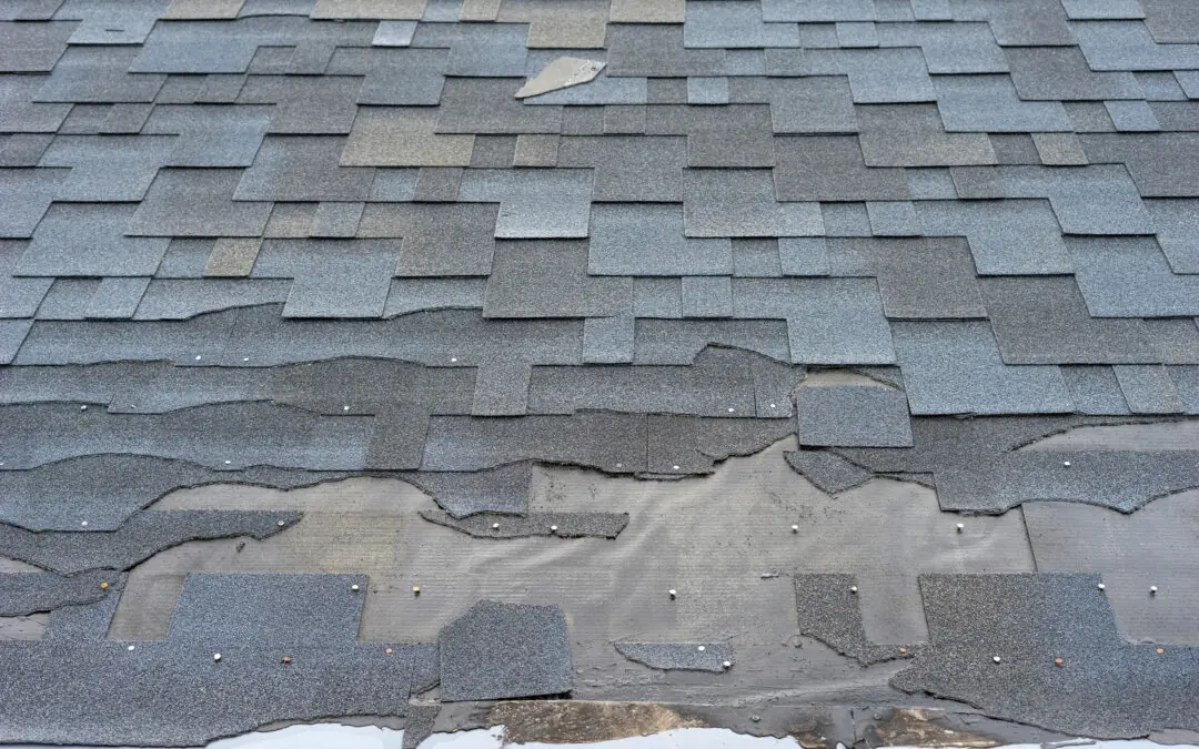 Asphalt shingle roof with visible signs of roof damage, missing shingles, and exposed underlayment along the lower edge—may require prompt roof repair.