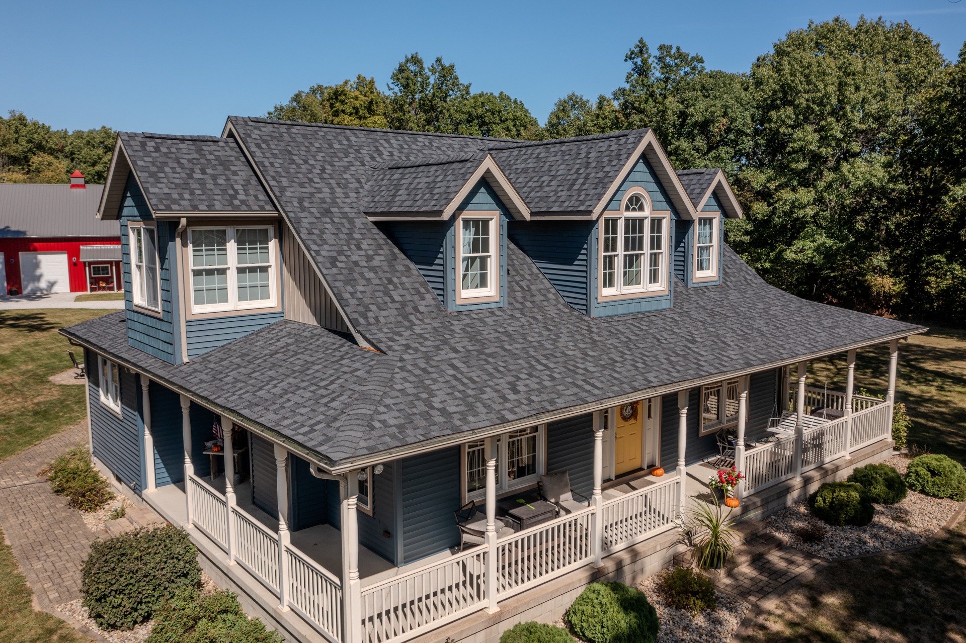 HCI residential shingle — asphalt shingle roof, charcoal shingle, wraparound porch