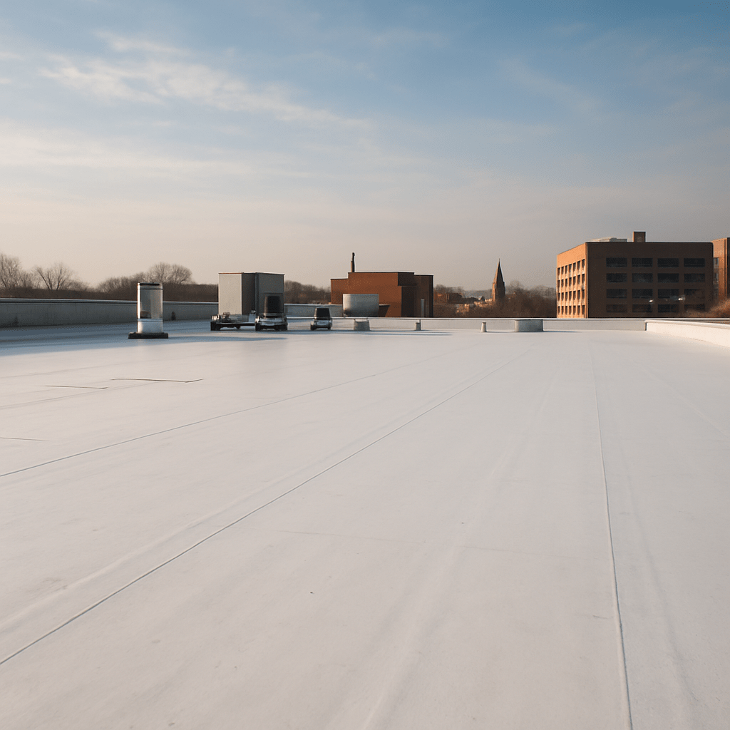 A wide documentary photograph looking across a freshly-installed white Duro-Last membrane commercial flat roof, parapets and rooftop HVAC equipment visible in the middle distance as context but not as the subject, late afternoon Central Illinois light, blue sky with thin scattered clouds, no people in frame, candid composition with slight atmospheric haze, shot from rooftop level not aerial.