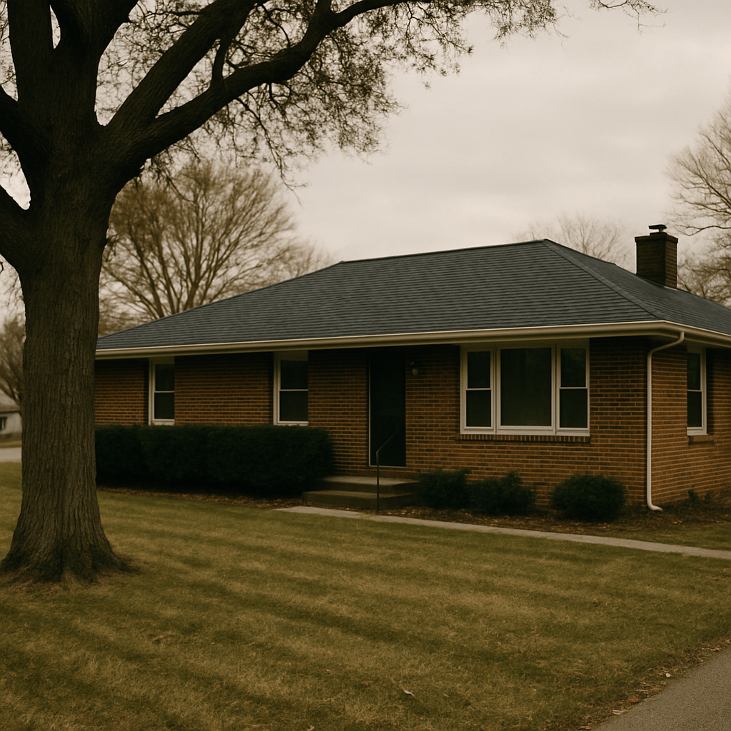 Documentary photograph, 35mm lens, late afternoon overcast light, slight film grain. Modest Central Illinois ranch-style home set back from a quiet residential street. Composition off-center — house occupies the right two-thirds of frame, mature oak in foreground left. Detail visible in foreground: cleanly raked lawn, no debris, no nails, fresh asphalt shingle roof visible in upper third. Natural muted color palette. Photojournalistic style, NOT a real estate listing shot. Style reference: local newspaper feature photo, William Eggleston color sense. AVOID: centered hero composition, manicured-lawn perfection, blue sky, symmetrical framing, real-estate-listing aesthetics, perfect architecture, saturated greens.