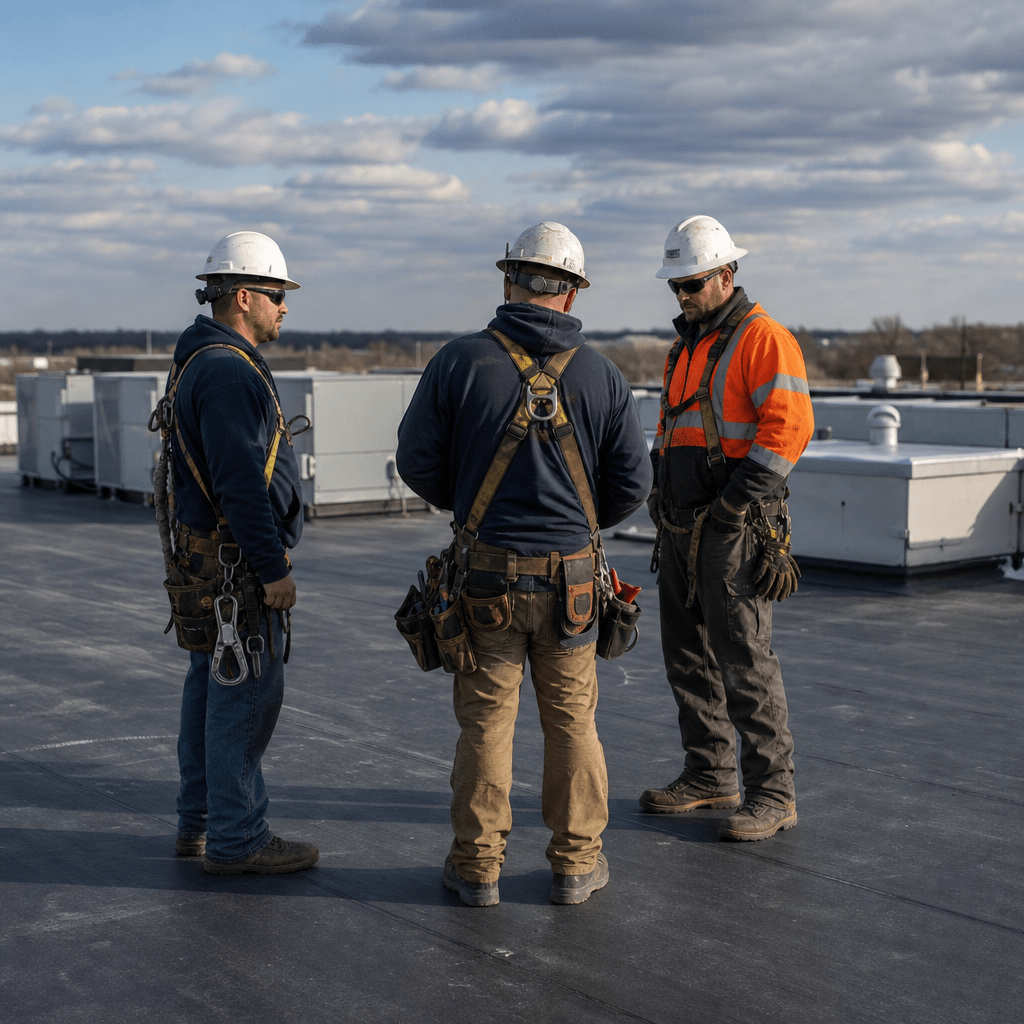 A small roofing crew of three workers standing together on the flat roof of an industrial facility in central Illinois, wearing hard hats and work gear, with rooftop HVAC equipment and flat horizon visible in the background on a partly cloudy day.