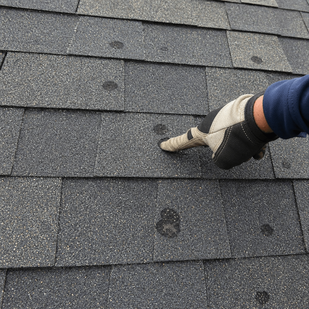 Close-up view of an asphalt shingle roof showing hail impact marks and granule loss on multiple shingles, with a roofing professional's gloved hand pointing to the damaged area.