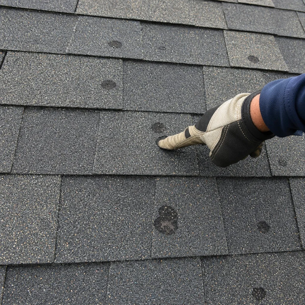 Close-up view of an asphalt shingle roof showing hail impact marks and granule loss on multiple shingles, with a roofing professional's gloved hand pointing to the damaged area.