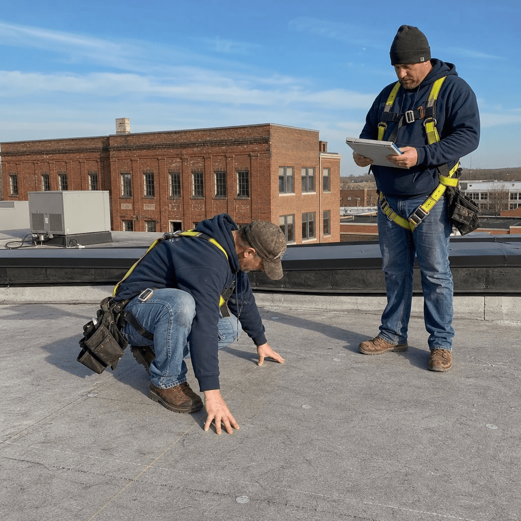 Two roofing crew members in work gear inspecting a flat commercial roof surface on a clear day, one crouching to examine the membrane closely while the other stands nearby with a clipboard, Midwestern commercial building visible in the background.