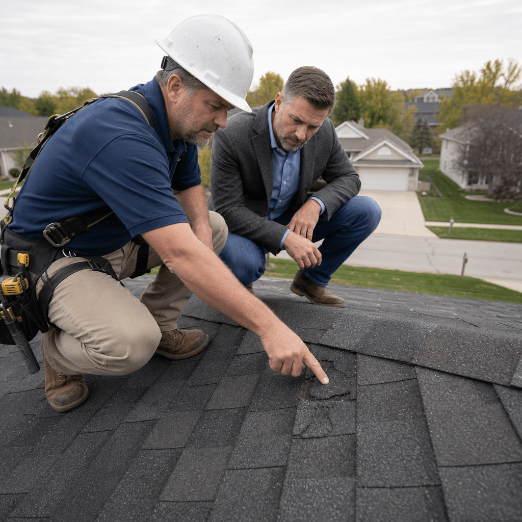 A roofing contractor in a hard hat crouching on a residential asphalt shingle roof alongside an insurance adjuster, both examining damage on the surface, with a suburban Illinois neighborhood visible in the background.