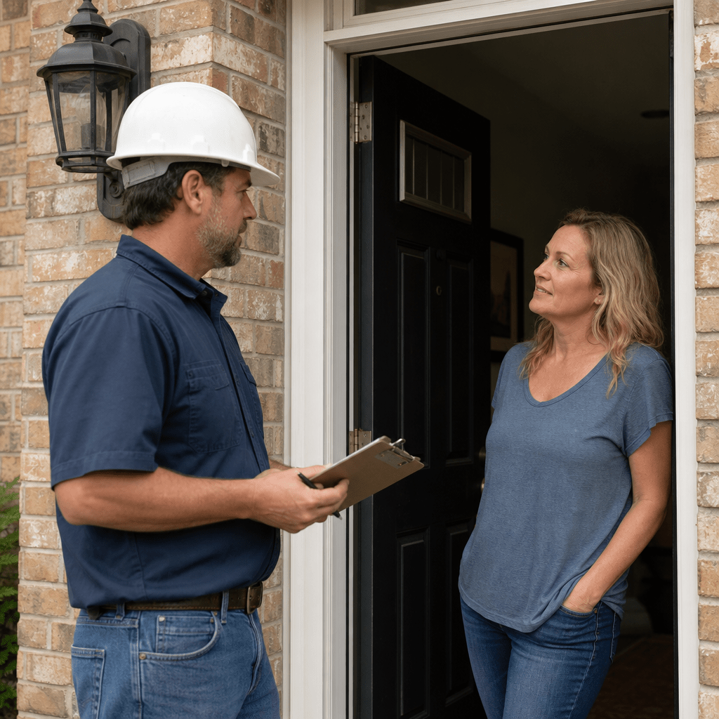 A roofing contractor in a work shirt and hard hat standing at the front door of a suburban home, holding a clipboard and speaking with a homeowner on the doorstep in a calm, professional conversation.