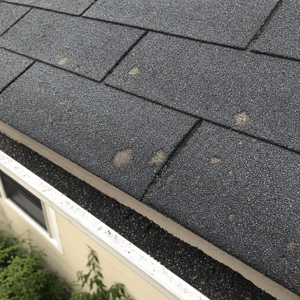 A residential asphalt shingle roof photographed from close range showing a cluster of hail impact bruises and bare asphalt patches where granules have been knocked away, with a gutter below filled with dark granule debris.
