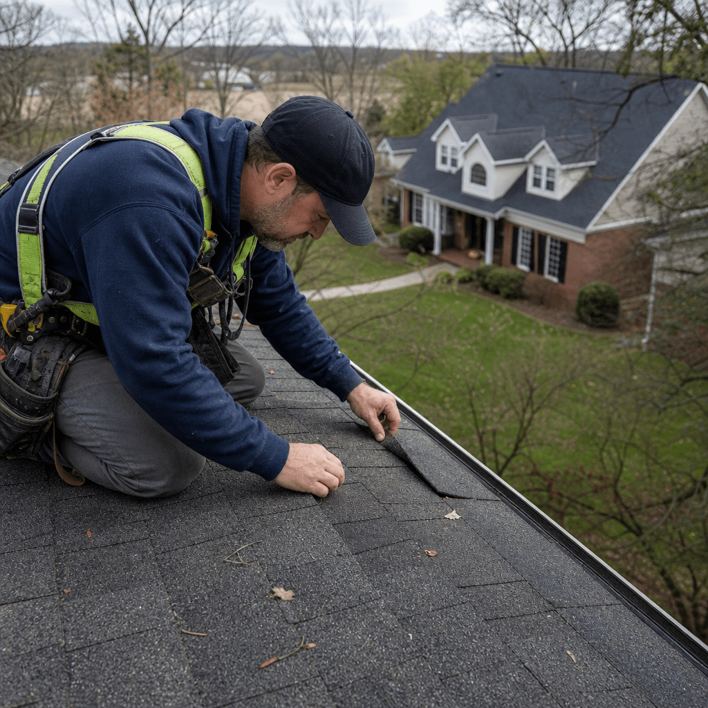 A roofing crew member kneeling on a residential pitched roof during a post-storm inspection, carefully examining a section of shingles near the eave for damage, with a suburban Illinois home and yard visible in the background.