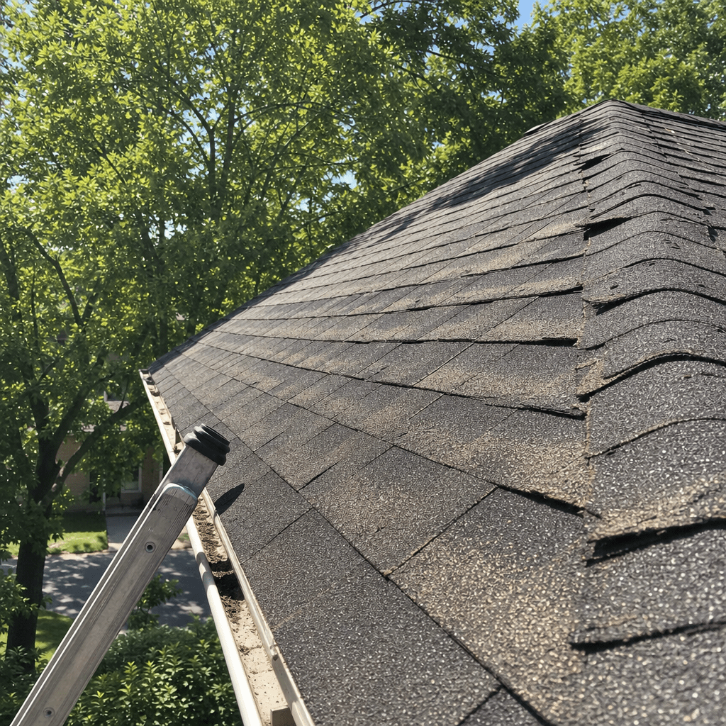 A steep residential roof in bright summer sunlight showing asphalt shingles with visible granule wear and slight curling at the edges near the ridge, surrounded by mature Midwestern trees, viewed from a ladder angle at the roofline.