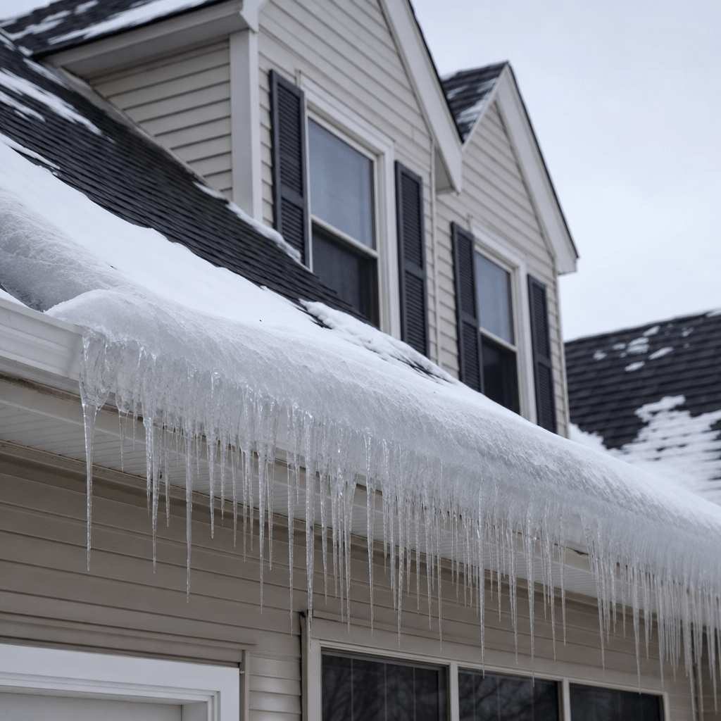A residential roof eave in winter with a thick ice dam formed along the lower edge, icicles hanging from the gutter, and patches of snow and bare shingles visible above, photographed from ground level looking up at a two-story suburban house.