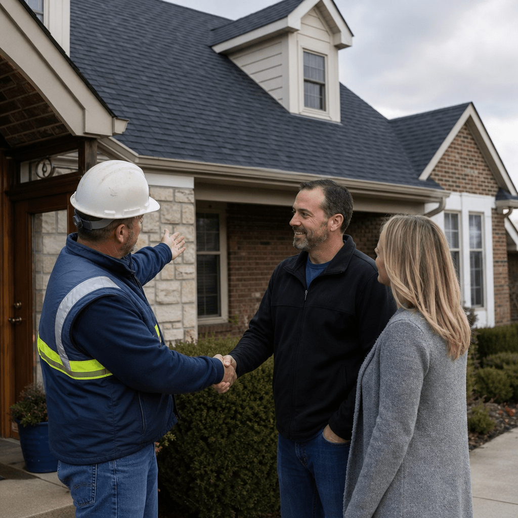 A roofing crew lead in a hard hat and work vest standing at the front door of a suburban home, shaking hands with a homeowner and gesturing toward the freshly completed shingle roof behind him.