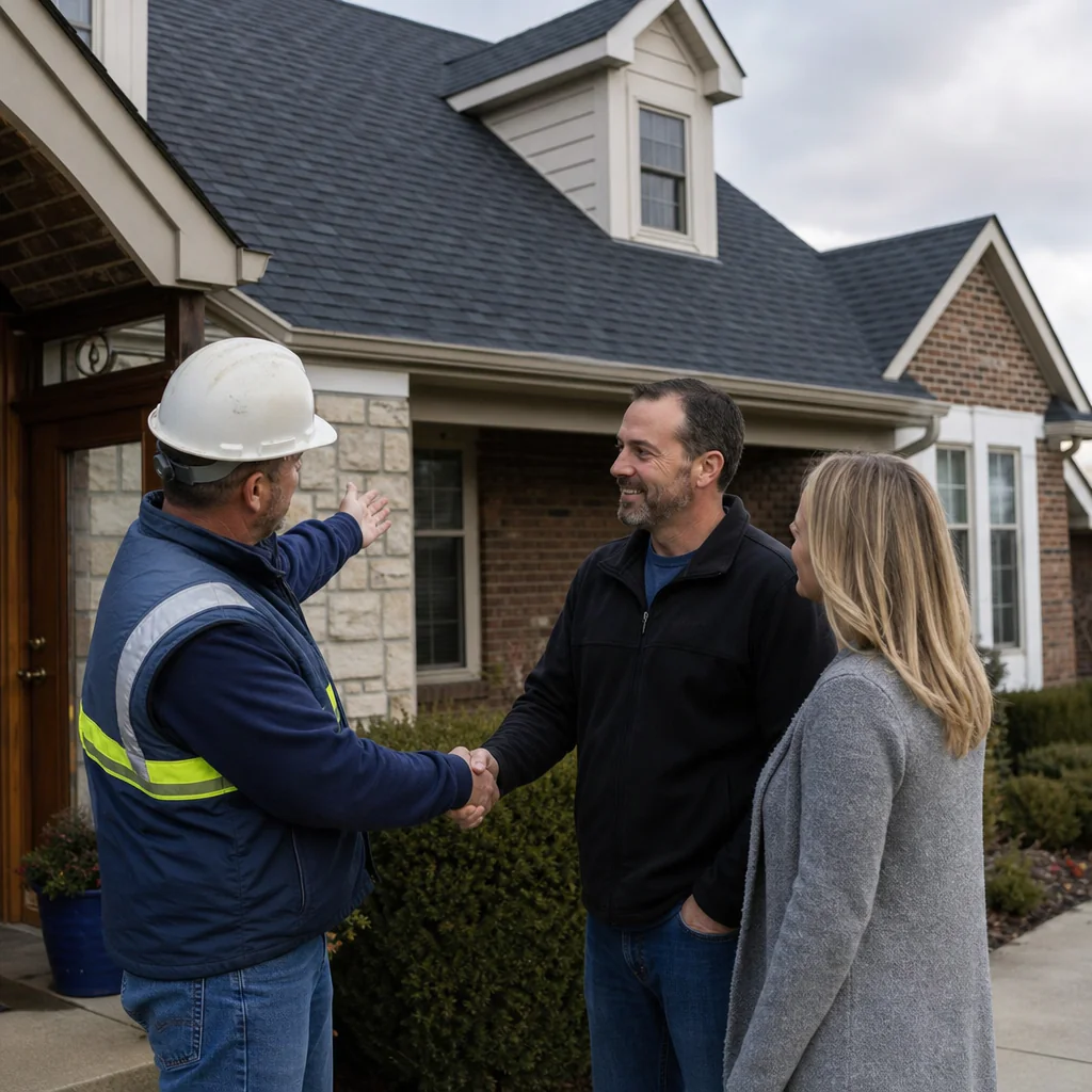 A roofing crew lead in a hard hat and work vest standing at the front door of a suburban home, shaking hands with a homeowner and gesturing toward the freshly completed shingle roof behind him.