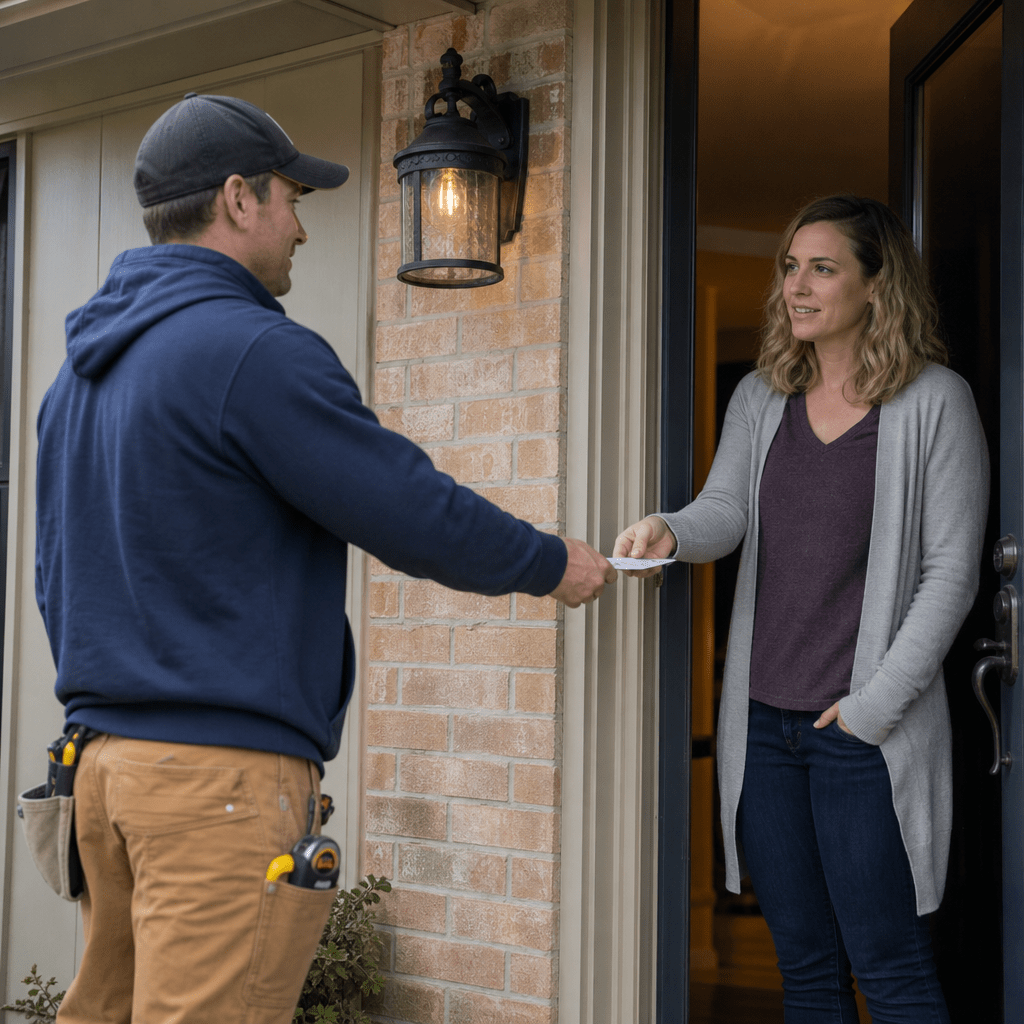 A homeowner standing at their front door speaking with a roofing contractor who is handing over a business card. The contractor is wearing work clothes and the exchange appears calm and professional.