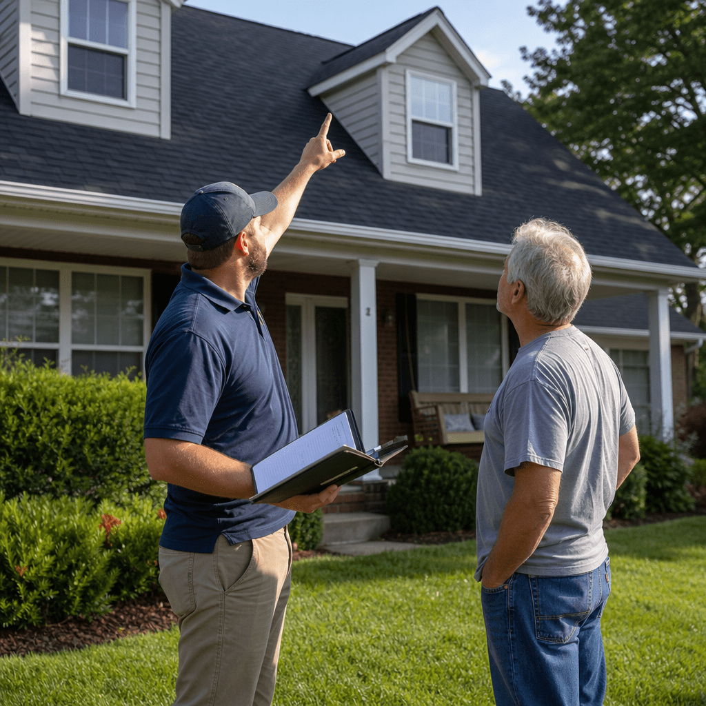 A roofing contractor and a homeowner standing together on the ground beside a residential home, both looking up at the roof while the contractor points upward, with an open notebook and clipboard in hand, on a sunny day in a Central Illinois neighborhood.