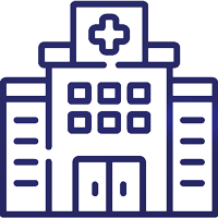 Simple line drawing of a hospital building with a cross symbol on top, multiple windows, and a central double-door entrance.
