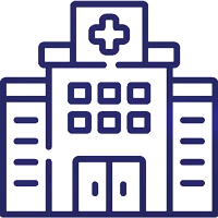 Simple line drawing of a hospital building with a cross symbol on top, multiple windows, and a central double-door entrance.