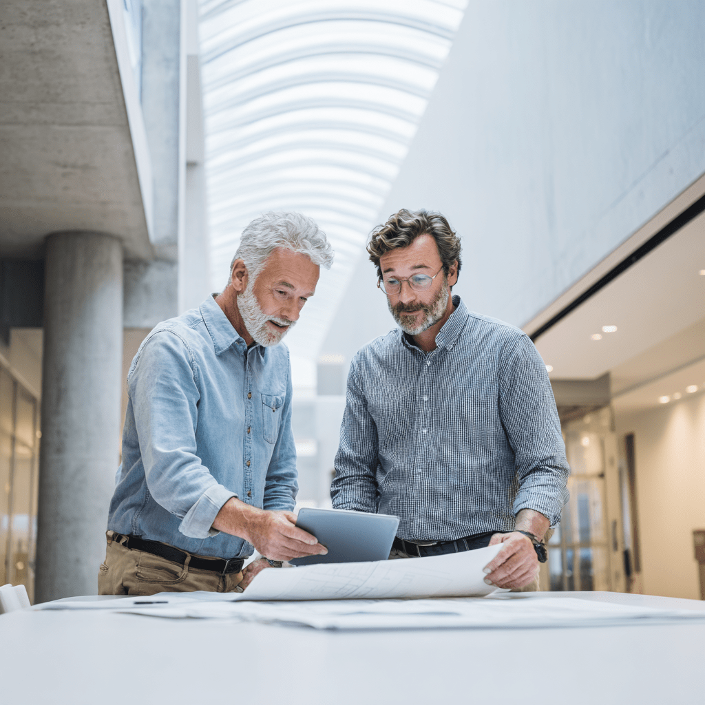 Two men stand at a table in a modern office, reviewing documents and a digital tablet under a curved glass ceiling.